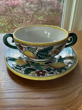 Vintage Deruta Sun Lemons Cup/Soup Bowl and Saucer in VGUC Signed